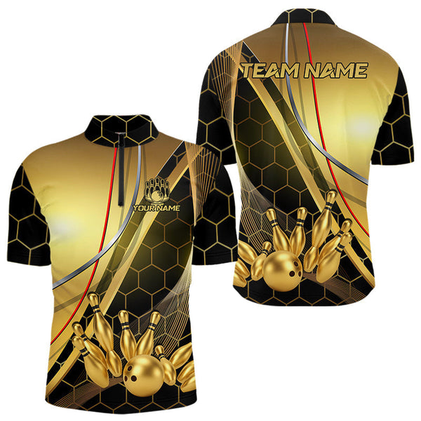 Maxcorners Custom Black and Gold Bowling Polo, Quarter Zip Shirts For Men, Bowling Team League Jersey LM2707