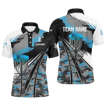 Maxcorners Mens disc golf polo shirts custom blue camo disc golf basket disco golf outfit, team disc golf apparel MT0510