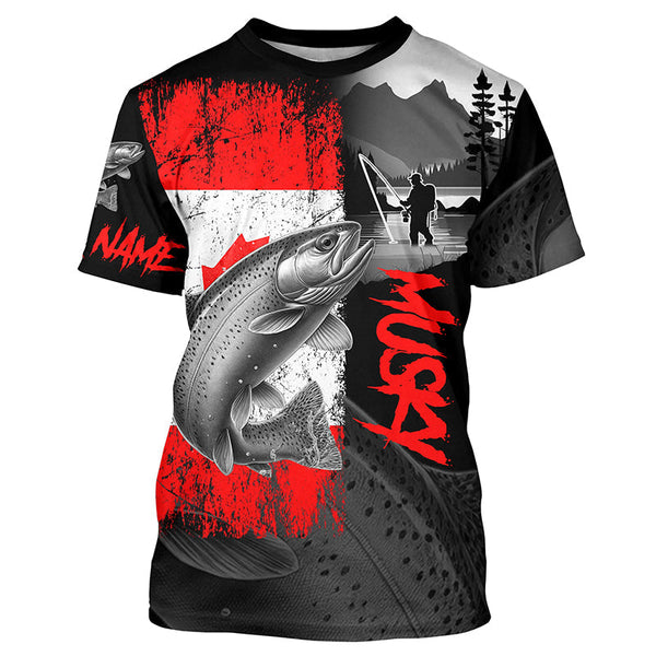 Maxcorners Canadian Flag Rainbow Trout Fishing Custom long sleeve performance Fishing Shirt, Trout fishing jersey MT2108