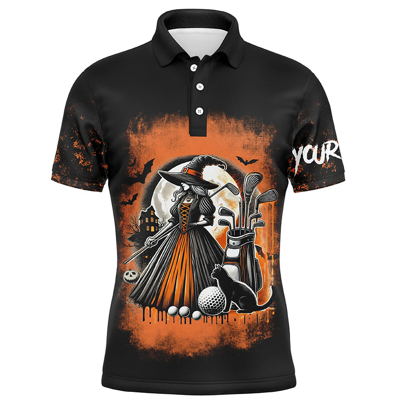 Maxcorners Black and Orange Witch golf Men golf polo shirts custom Halloween golf tops for mens