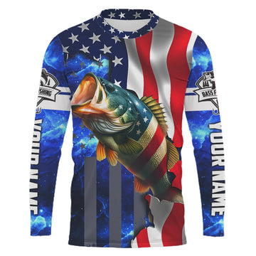 Maxcorners Bass Fishing American Flag patriotic UV protection Custom name long sleeves fishing shirt for men LM0501