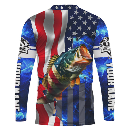 Maxcorners Bass Fishing American Flag patriotic UV protection Custom name long sleeves fishing shirt for men LM0501