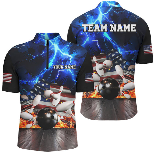 MaxcornersBlue Lightning thunder storm American Flag Bowling Shirts Custom Bowling Team League Jerseys