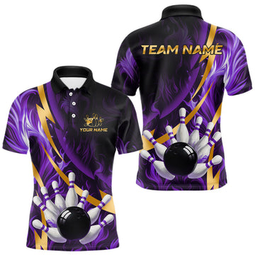 Maxcorners Personalized Bowling Polo, Quarter Zip Shirt for Men Custom Purple Flame and Gold Bowling Team Jersey