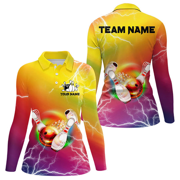 Maxcorners Gradient rainbow lightning thunder storm Bowling Shirts for Women Custom Team Bowling jerseys