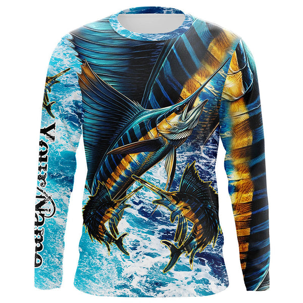 Maxcorners Sailfish fishing scales blue sea water camo Custom UV protection performance long sleeve fishing shirt LM2408