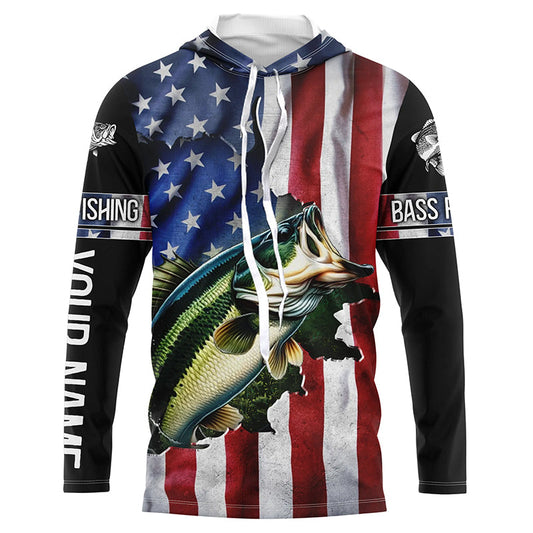 Maxcorners Largemouth Bass fishing American Flag Patriotic Customize name fishing long sleeve shirts LM0201