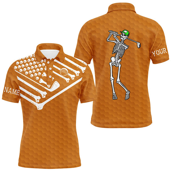 Maxcorners Mens golf polo shirt Skeleton American flag custom white and orange Halloween shirts