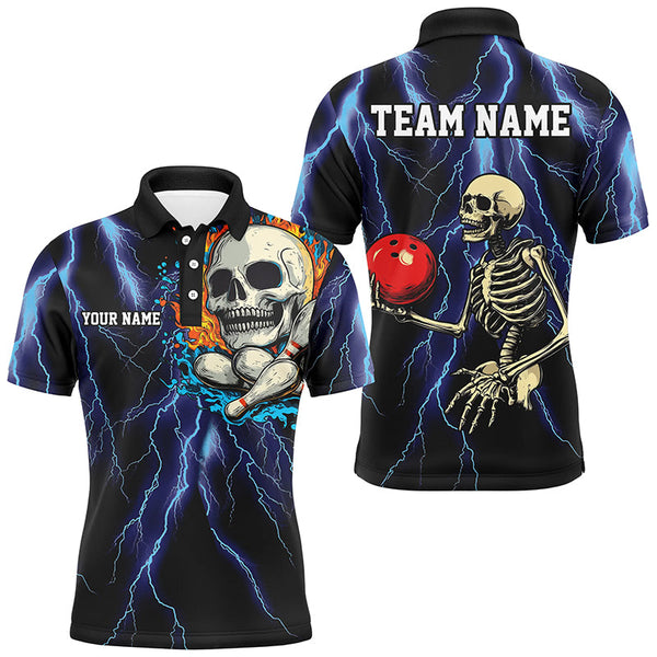 Maxcorners Blue lightning thunder storm skull flame Bowling Shirts Custom Bowling Team Bowler Jerseys