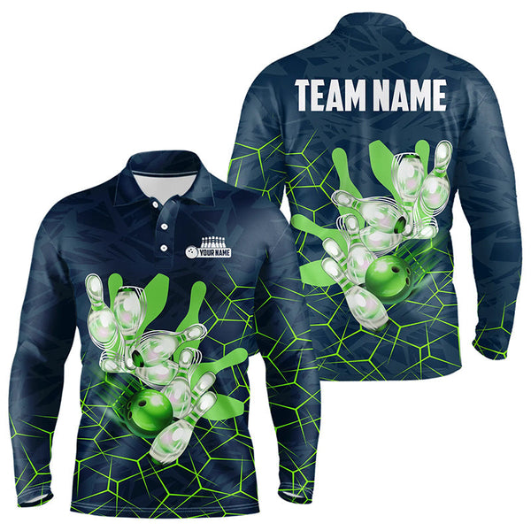 Maxcorners Blue and Green Camo Bowling Polo, 1/4 Zip Shirts for Men Custom Team Mens Bowling jerseys