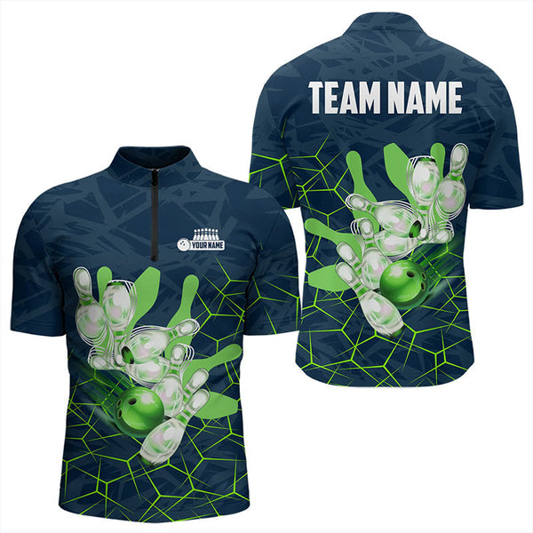 Maxcorners Blue and Green Camo Bowling Polo, 1/4 Zip Shirts for Men Custom Team Mens Bowling jerseys