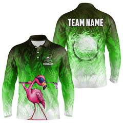 Maxcorners Funny Flamingo Green camo flame golf ball Mens Golf Polo Shirts Custom Flamingo Golf attire for men