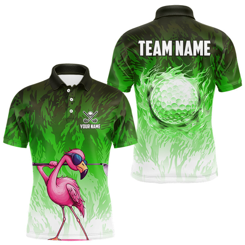 Maxcorners Funny Flamingo Green camo flame golf ball Mens Golf Polo Shirts Custom Flamingo Golf attire for men
