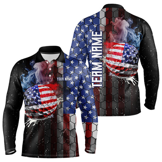 Maxcorners Smoke Golf ball American Flag pattern Mens Golf Polo Shirts Custom Patriotic Golf attire for men