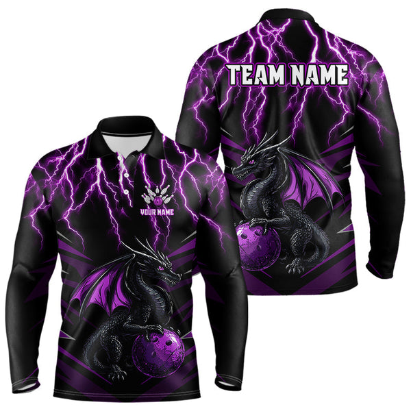 Maxcorners Black & Purple Lightning Thunder Dragon Bowling Shirt For Men Custom Dragon Bowling Team Shirt Uniform