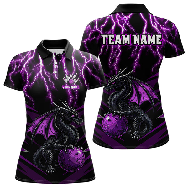 Maxcorners Black & Purple Lightning Thunder Dragon Bowling Shirt For Men Custom Dragon Bowling Team Shirt Uniform