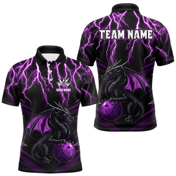 Maxcorners Black & Purple Lightning Thunder Dragon Bowling Shirt For Men Custom Dragon Bowling Team Shirt Uniform