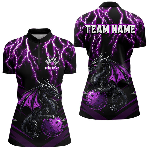 Maxcorners Black & Purple Lightning Thunder Dragon Bowling Shirt For Men Custom Dragon Bowling Team Shirt Uniform