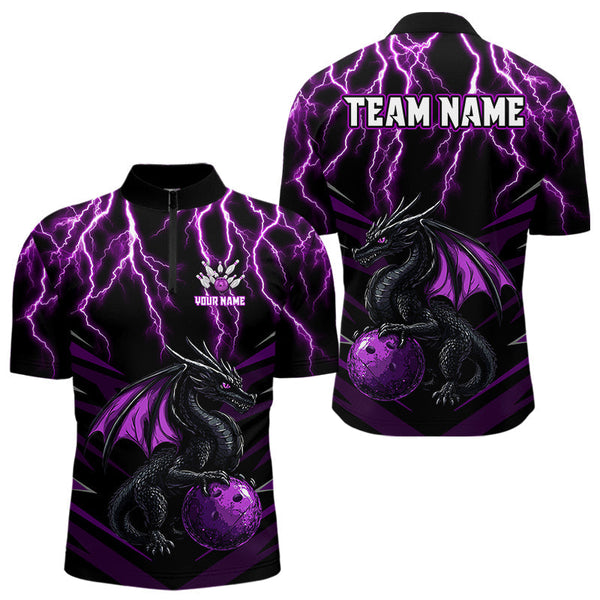 Maxcorners Black & Purple Lightning Thunder Dragon Bowling Shirt For Men Custom Dragon Bowling Team Shirt Uniform