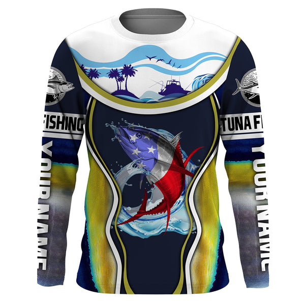 Maxcorners Tuna fishing American flag patriotic Custom Name fishing shirts for men, women, kid, fishing apparel LM2408