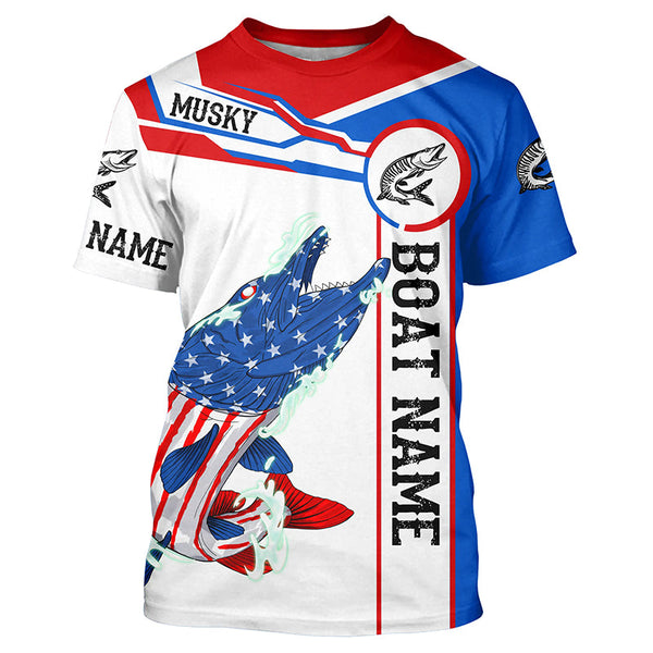 Maxcorners Angry Musky American flag patriotic fishing Custom name and boat name tournament fishing shirts LM2408