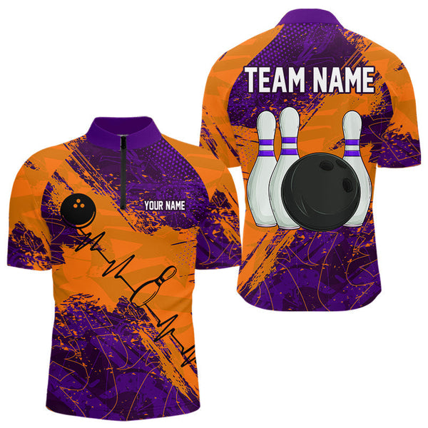 Maxcorners Orange & Purple Grunge Camo Heartbeat Bowling Polo, 1/4 Zip Shirt For Men Custom Bowling Team JerseyMT0306