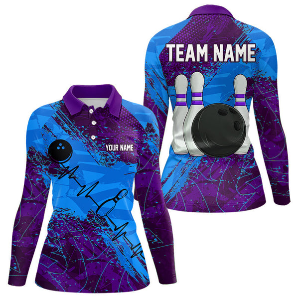 Maxcorners Blue and Purple Grunge Camo Heartbeat Bowling Polo, 1/4 Zip Shirt For Men Custom Bowling Team JerseyMT0306