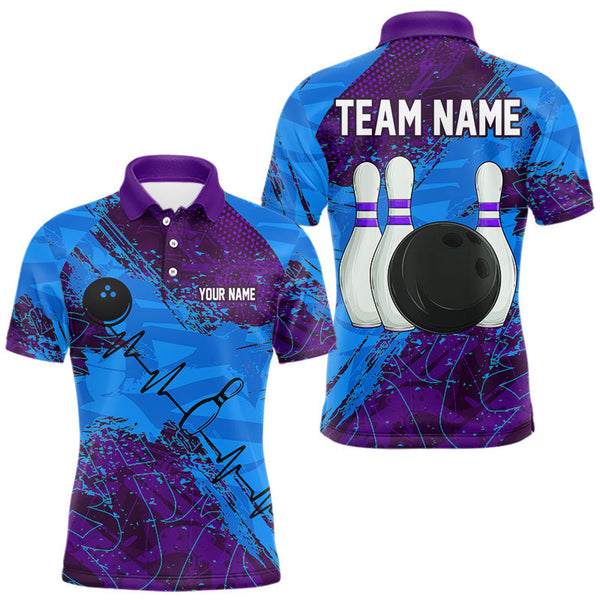 Maxcorners Blue and Purple Grunge Camo Heartbeat Bowling Polo, 1/4 Zip Shirt For Men Custom Bowling Team JerseyMT0306