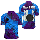 Maxcorners Blue and Purple Grunge Camo Heartbeat Bowling Polo, 1/4 Zip Shirt For Men Custom Bowling Team JerseyMT0306