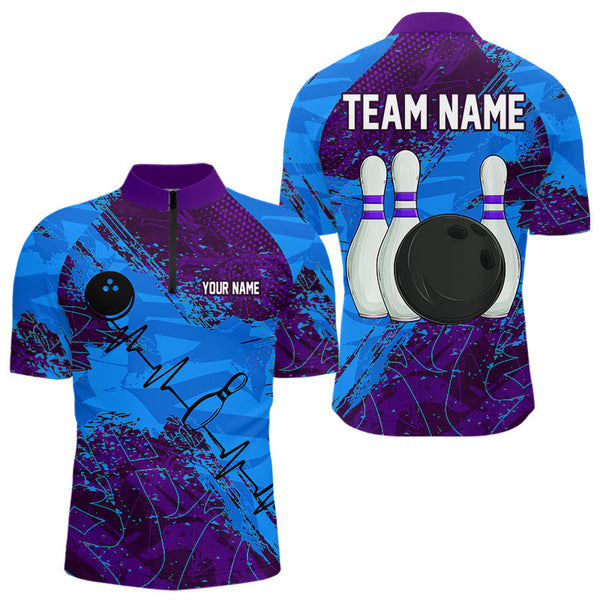 Maxcorners Blue and Purple Grunge Camo Heartbeat Bowling Polo, 1/4 Zip Shirt For Men Custom Bowling Team JerseyMT0306