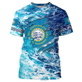 Maxcorners Blue sea wave ocean camo South Dakota flag patriot shirt Custom sun protection fishing shirts MT2108