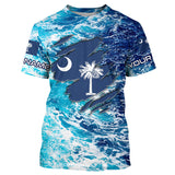 Maxcorners Blue sea wave ocean camo South Carolina flag patriot shirts Custom sun protection fishing shirts MT2108