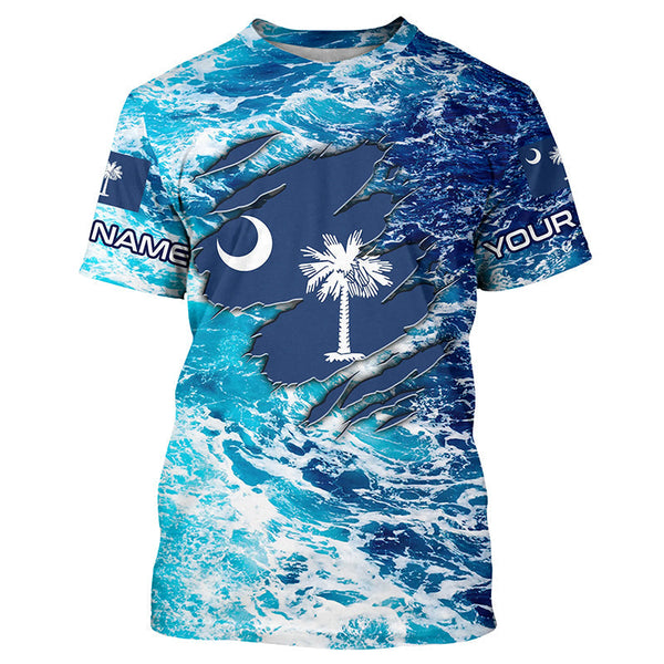 Maxcorners Blue sea wave ocean camo South Carolina flag patriot shirts Custom sun protection fishing shirts MT2108