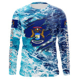 Maxcorners Blue sea wave ocean camo Michigan flag patriot shirt Custom sun protection fishing long sleeve shirts MT2108