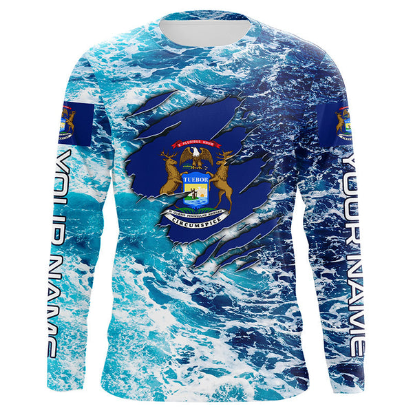 Maxcorners Blue sea wave ocean camo Michigan flag patriot shirt Custom sun protection fishing long sleeve shirts MT2108