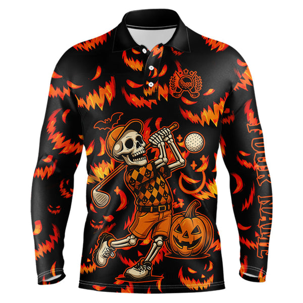 Maxcorners Orange and Black Halloween Pattern Funny Skull Golf polo shirt for men Custom Halloween Mens golf top LM2707