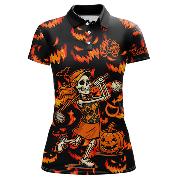 Maxcorners Orange and Black Halloween Pattern Funny Skull Golf polo shirt for men Custom Halloween Mens golf top LM2707