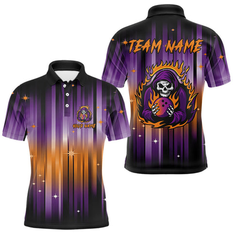 Maxcorners Custom Orange and Purple Flame Skull Halloween Bowling Shirts for Men, Halloween Bowling Team Jersey MT3107