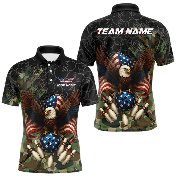 Maxcorners Black and Green Camo American Flag Eagle Bowling Shirts For Men Custom Patriotic Team Bowling Jersey MT2808