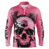 Maxcorners Pink Skull Bowling Polo, Quarter Zip Shirts For Men Custom Skull Bowling Team Shirts Uniform