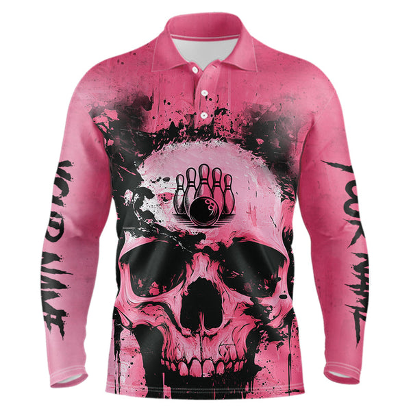 Maxcorners Pink Skull Bowling Polo, Quarter Zip Shirts For Men Custom Skull Bowling Team Shirts Uniform