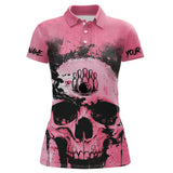 Maxcorners Pink Skull Bowling Polo, Quarter Zip Shirts For Men Custom Skull Bowling Team Shirts Uniform