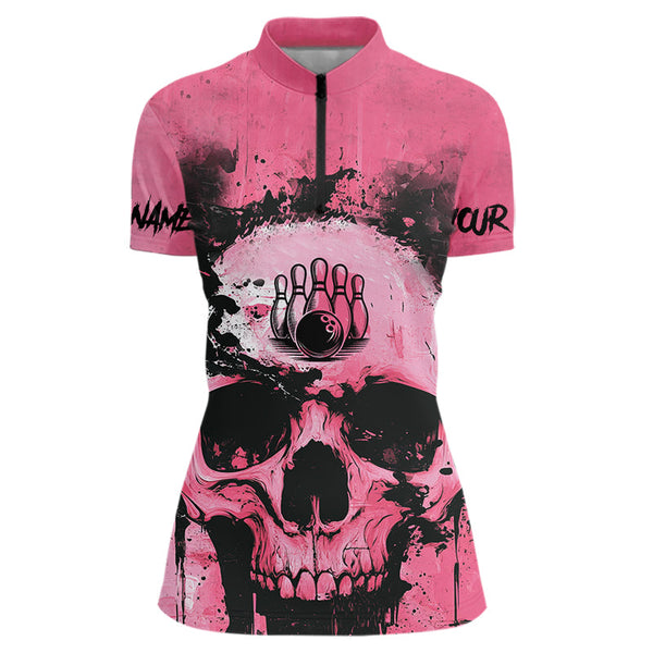 Maxcorners Pink Skull Bowling Polo, Quarter Zip Shirts For Men Custom Skull Bowling Team Shirts Uniform