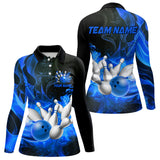 Maxcorners Black And Blue Flame Custom Bowling Shirts For Men, Flame Bowling League Shirts Outfits