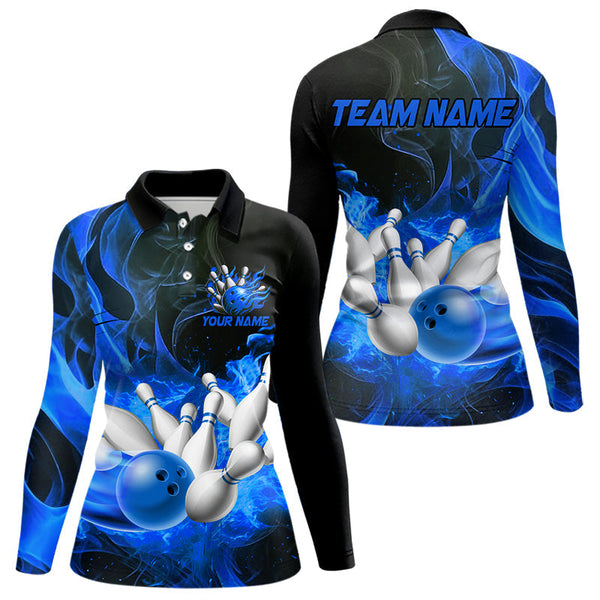 Maxcorners Black And Blue Flame Custom Bowling Shirts For Men, Flame Bowling League Shirts Outfits