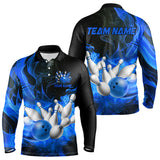 Maxcorners Black And Blue Flame Custom Bowling Shirts For Men, Flame Bowling League Shirts Outfits