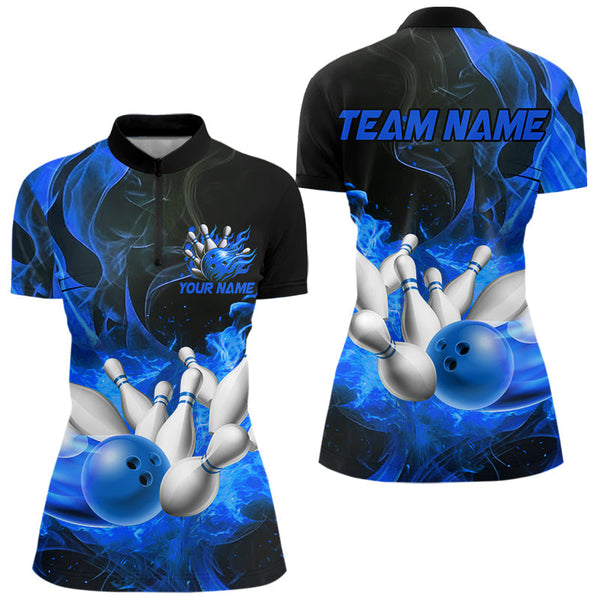 Maxcorners Black And Blue Flame Custom Bowling Shirts For Men, Flame Bowling League Shirts Outfits