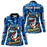 Maxcorners Funny Blue Camo Shark Men Bowling Polo, Quarter Zip Shirts Custom Team Shark Bowling Outfit Jersey