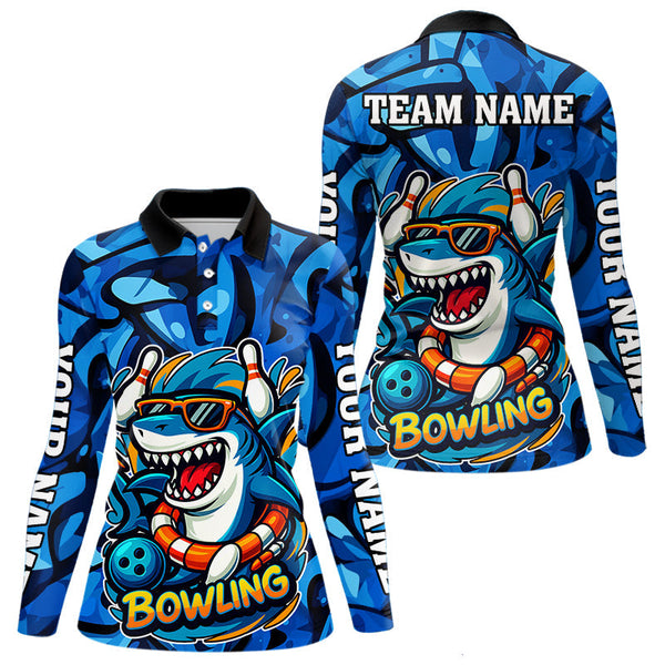 Maxcorners Funny Blue Camo Shark Men Bowling Polo, Quarter Zip Shirts Custom Team Shark Bowling Outfit Jersey
