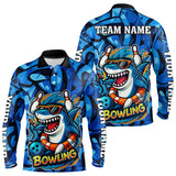 Maxcorners Funny Blue Camo Shark Men Bowling Polo, Quarter Zip Shirts Custom Team Shark Bowling Outfit Jersey
